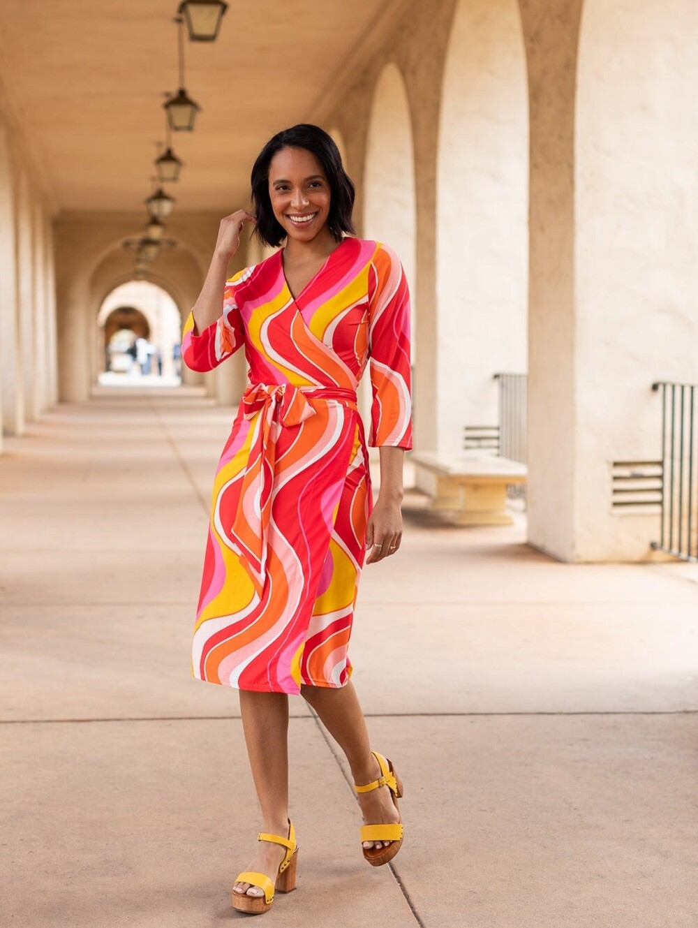 Lesley Evers Women’s Pink & Orange Wrap Dress with Belt